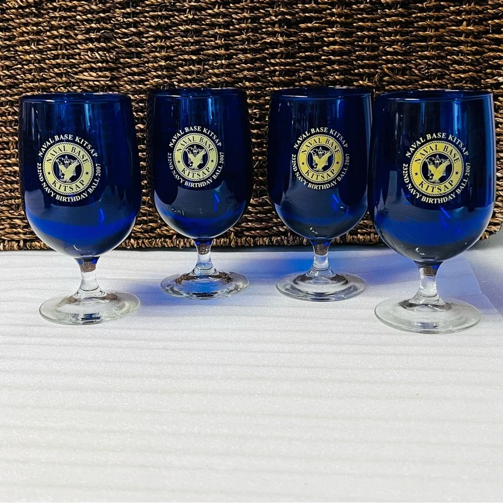 Vintage Naval Base Kitsap 232nd Navy Birthday Ball 2007 Cobalt Blue Wine Glasses